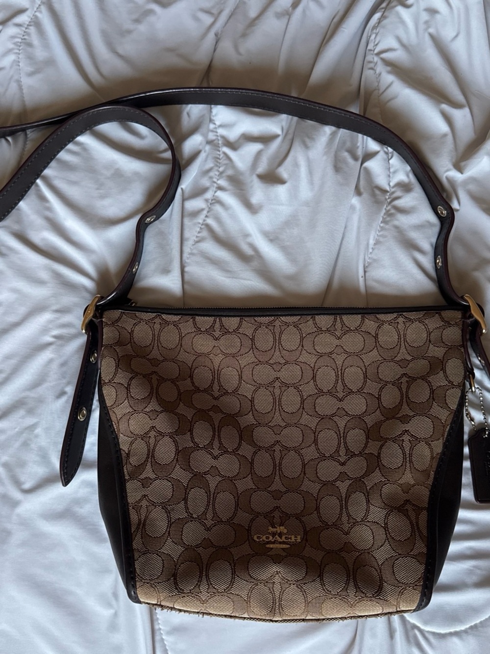 Coach Brown Signature Canvas Shoulder Bag with Dark Brown Trim
